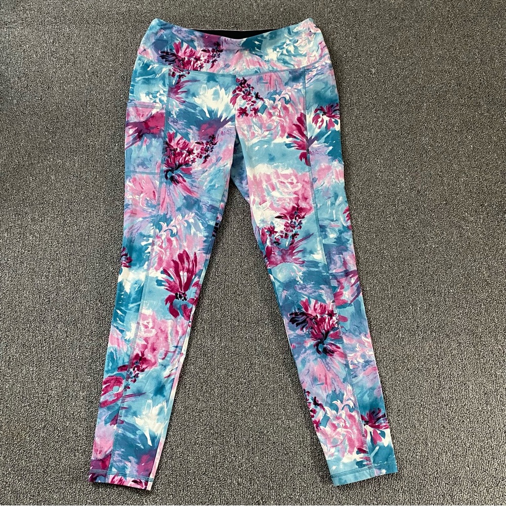 Weekends By Chico's Leggings Blue Pink Floral Stretchy Gym Athleisure Women's 1